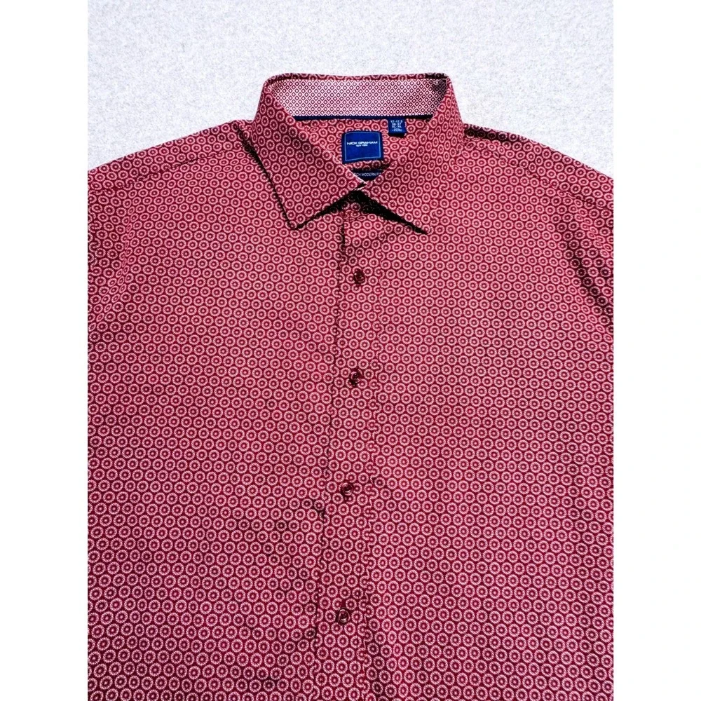 Nick Graham Stretch Modern Fit Men's XL 17-17.5 Geometric Button Shirt Burgundy